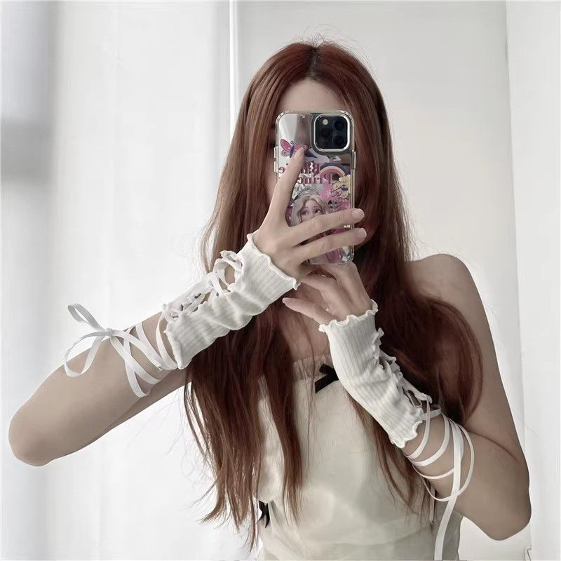 Women'S Fashion Gloves - Women Lace‑Up Fingerless Arm Sleeves Elastic