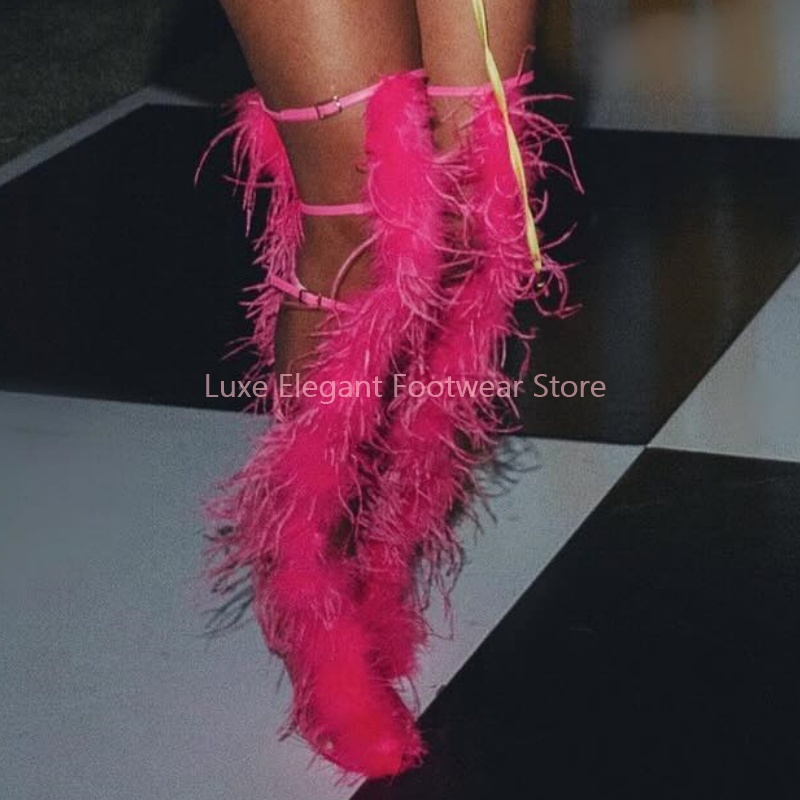 Pink Feather Strappy Hollow Bu - Women'S Fashion Knee High Boots avis et prix