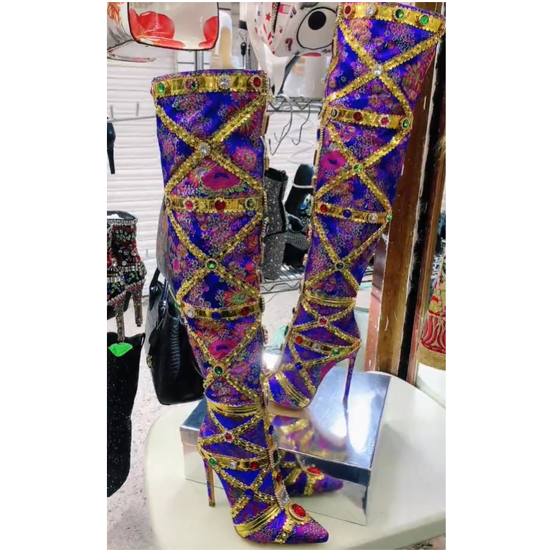 Multicolor Gemstone Gold Trim  - Women'S Fashion Knee High Boots avis et prix
